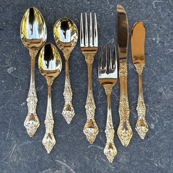 Northcraft 10K Gold Plated Flatware Set Roses Japan 44 Pcs Forks Spoons Knives - Picture 1 of 9